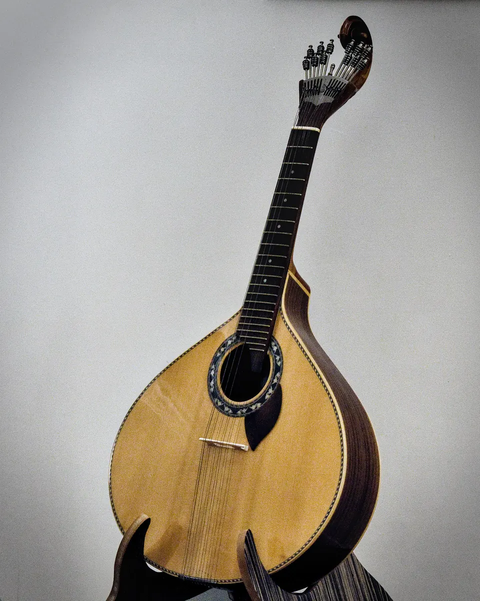 Una singola chitarra portoghese dal corpo dorato a forma di pera e con una voluta sulla paletta, su un supporto contro una parete chiara e spoglia.